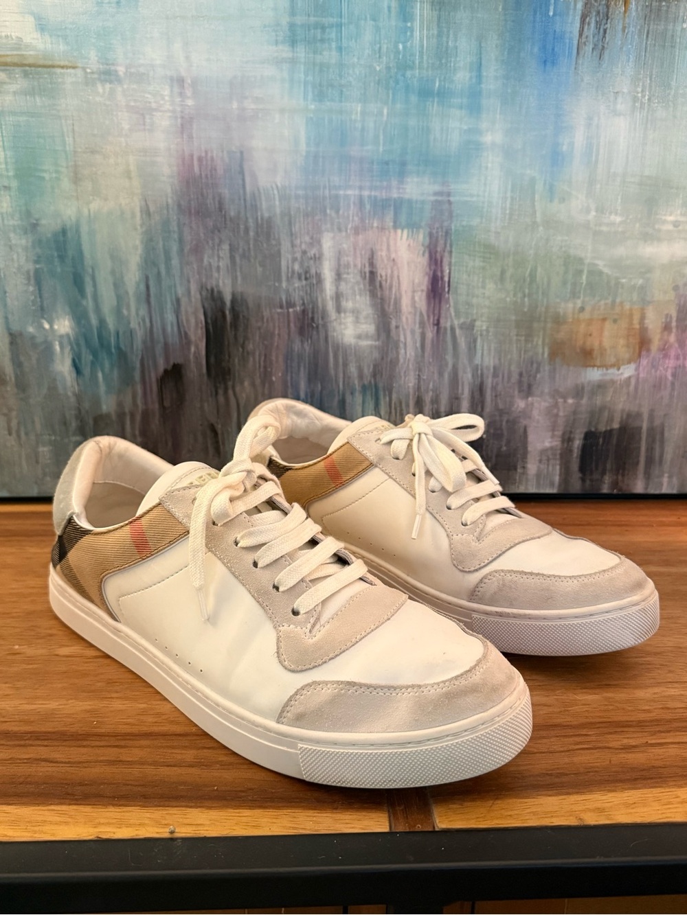 Burberry Reeth White Leather and Suede Low-Top Sneakers with Signature Plaid